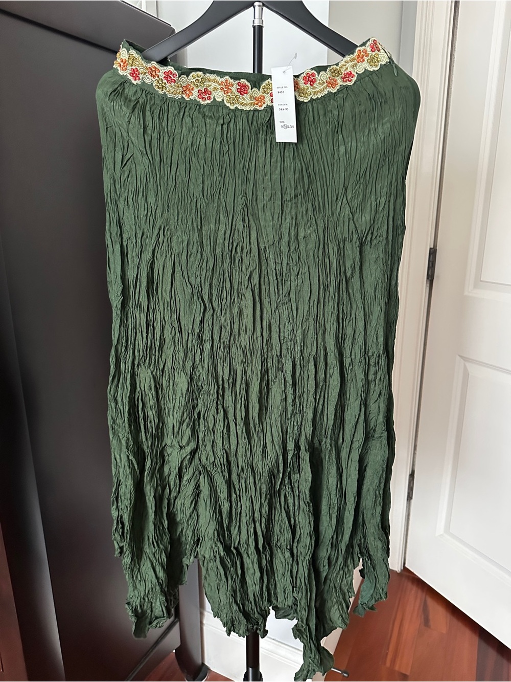 Embroidered Waist Green Crinkle Maxi Skirt